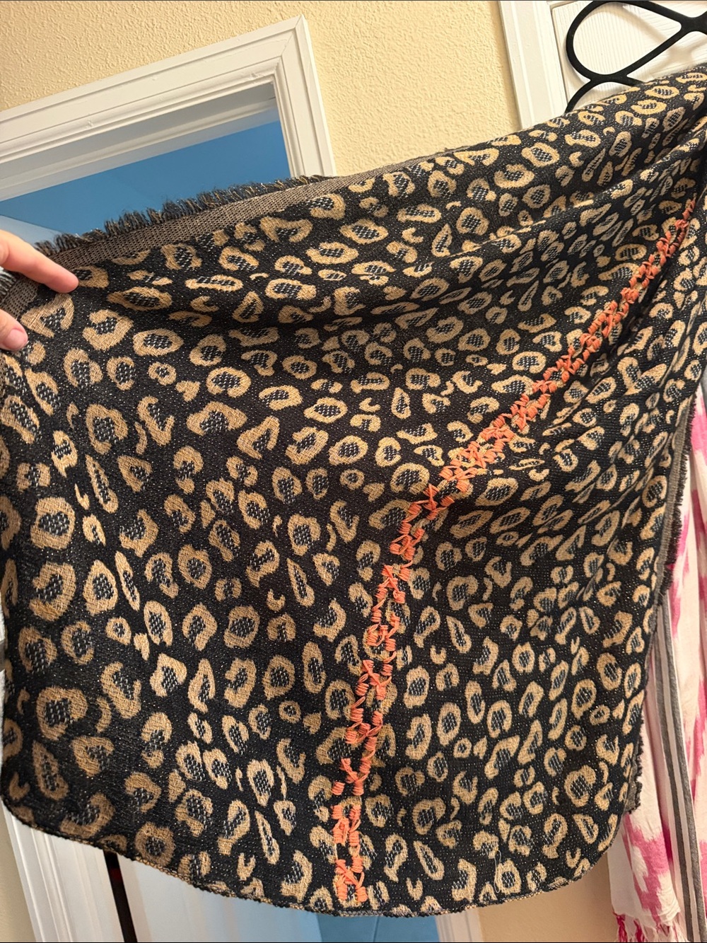 Trades of Hope brand- Leopard Print Knit Scarf with Orange Stitching